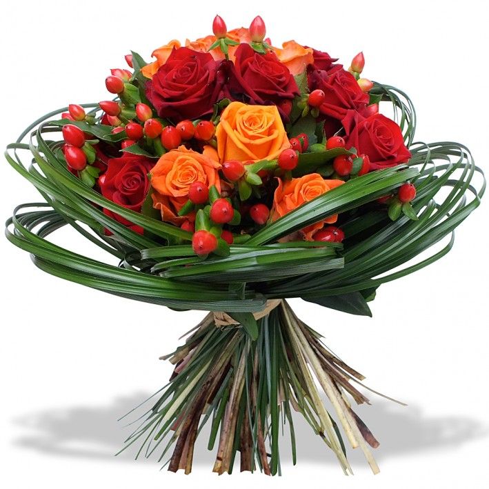 BOUQUET ROND ROSES ARDENTES HIBISCUS FLEURS